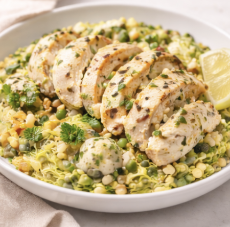 Poulet grillé citronné & orzo aux petits pois