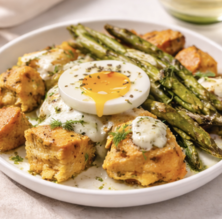 Pomme de terre croustillante, asperges & œuf mollet – sauce yaourt