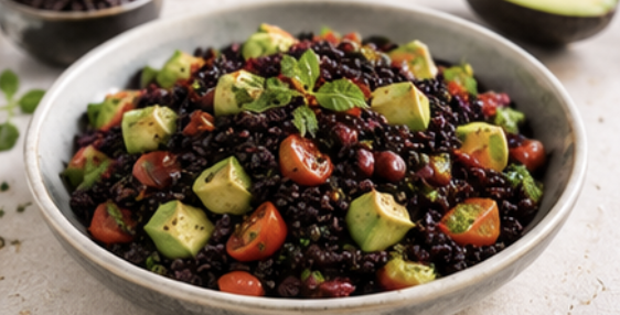 Salade de riz noir, avocat, tomate & haricots rouges