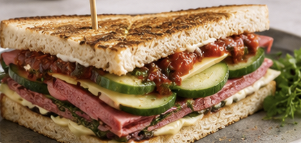 Club sandwich au pastrami, comté affiné, mayonnaise à l’estragon, tomates relish & concombre croquant