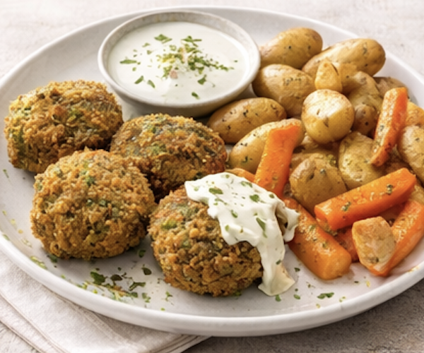 Falafels, sauce yaourt, pommes grenailles & carottes rôties