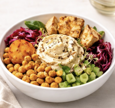 Bowl betterave, patate douce pois chiche, houmous – croûton de pain libanais
