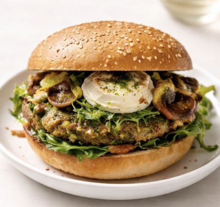 Bun veggie steak quinoa champignon, pesto, burrata