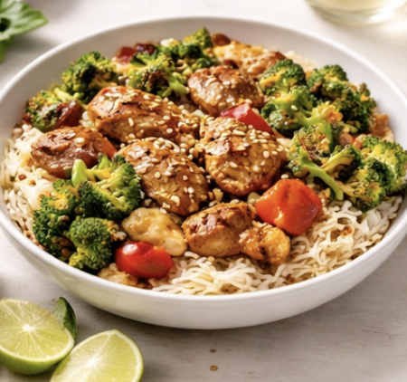 Poulet à l’asiatique nouille de riz – brocoli rôti