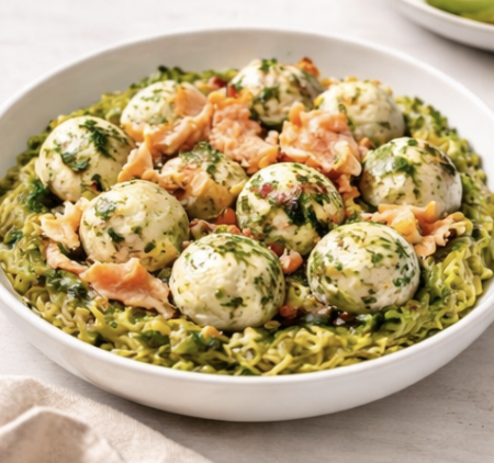 Gnudis saumon ricotta, fregola sauce verte