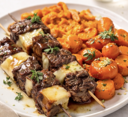 Brochette gourmande de bœuf, & comté, purée patate douce et carottes rôties