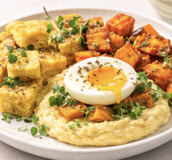 Polenta, œuf fondant, croustillant butternut-polenta & pancake salé