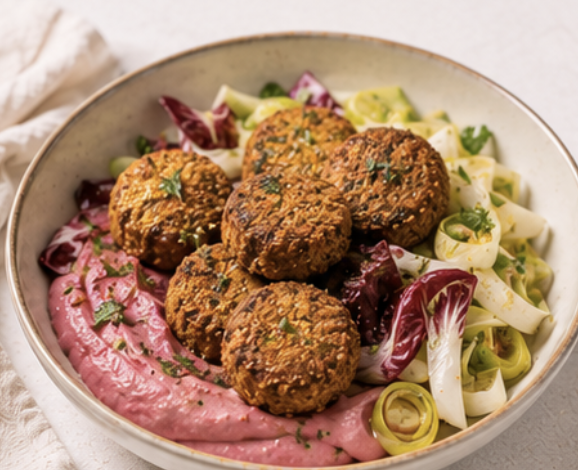 FALAFELS CROUSTILLANTS, HOUMOUS DE BETTERAVE & SALADE TRÉVISE, POIREAUX