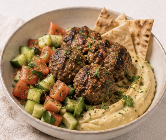 KEFTA DE BOEUF & HOUMOUS CRÉMEUX, SALADE FRAICHEUR CROQUANTE